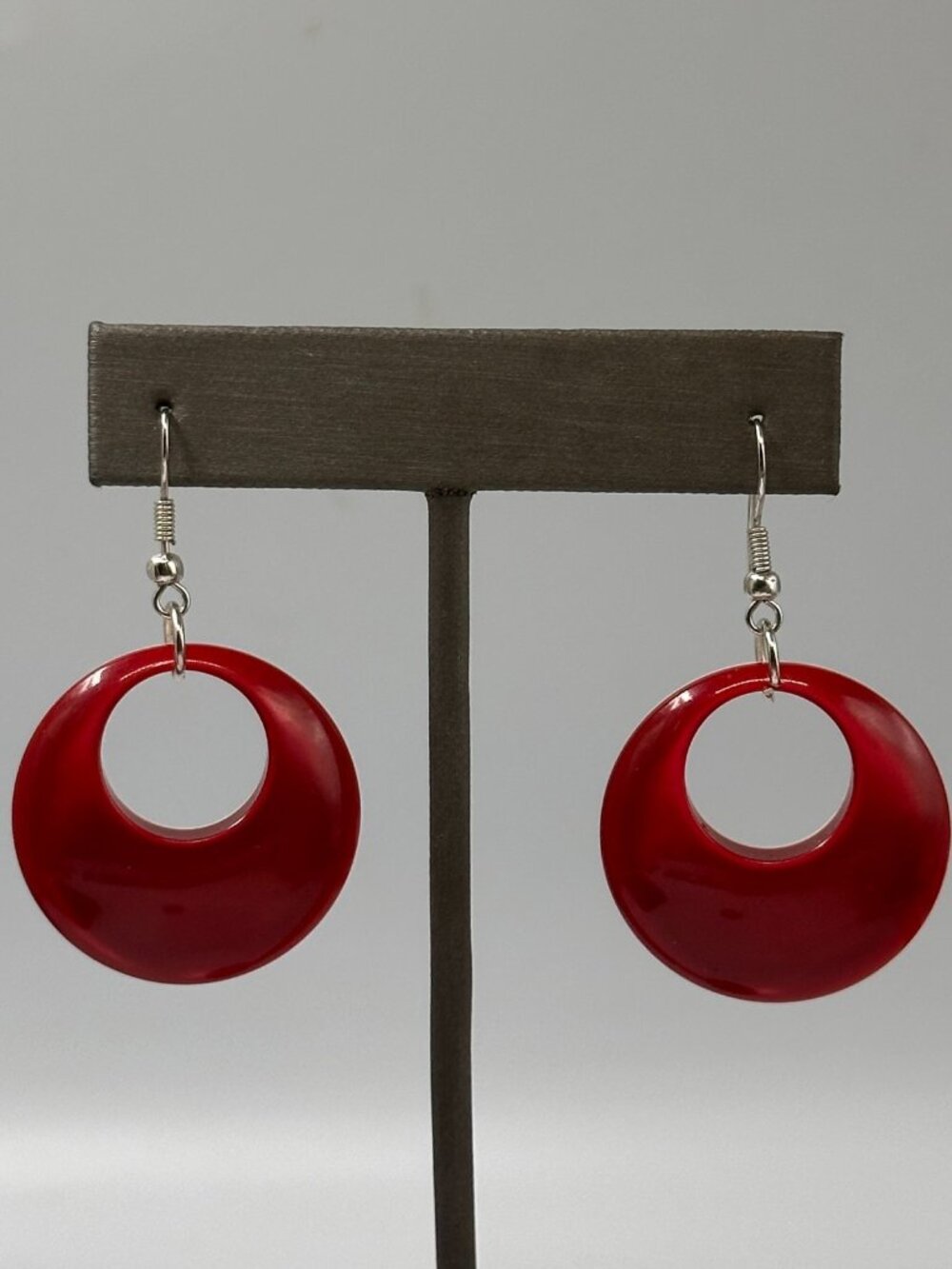 3/$30 Red Dangle Hoop Earrings Silver Tone Lucite Open Circle Retro Mod